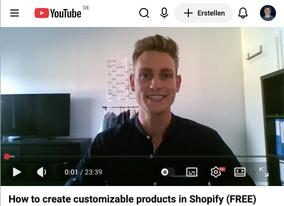 Screenshot of Jan’s early YouTube tutorial about customizable products in Shopify