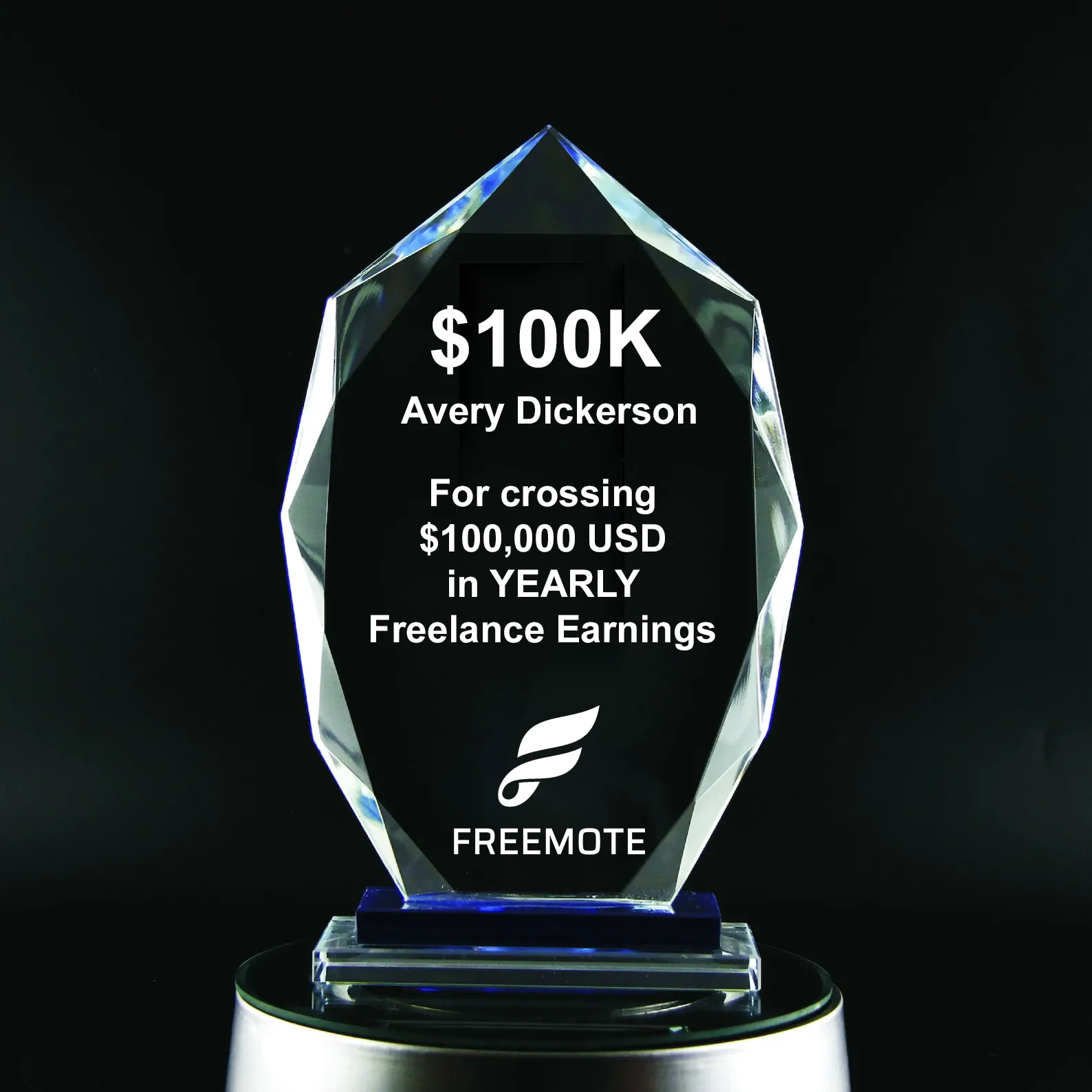 Avery Dickerson’s Freemote award for crossing $100,000 in yearly freelance earnings