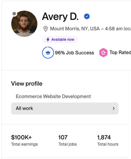 Avery D. Upwork profile showing $100k+ in total earnings