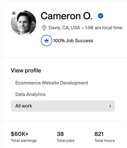 Cameron O. Upwork profile showing $60k+ in total earnings