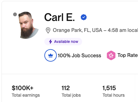 Carl E. Upwork profile showing $100k+ in total earnings