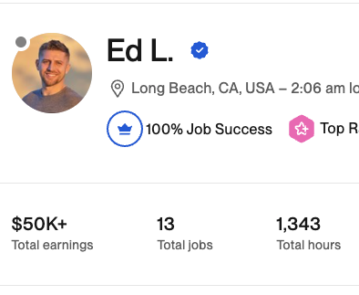 Ed L. Upwork profile showing $50k+ in total earnings