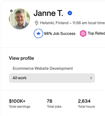 Janne T. Upwork profile showing $100k+ in total earnings