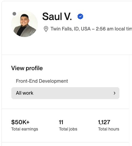 Saul V. Upwork profile showing $50k+ in total earnings