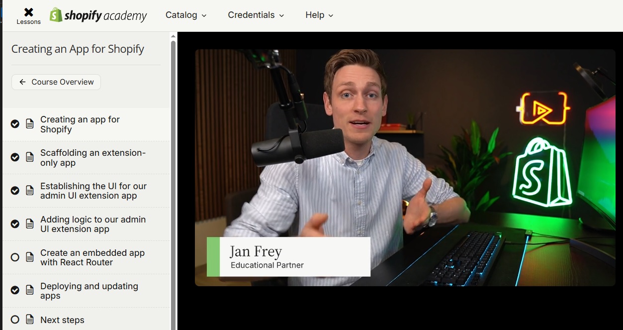 Shopify Dev Docs course on building Admin UI Extensions for Shopify apps