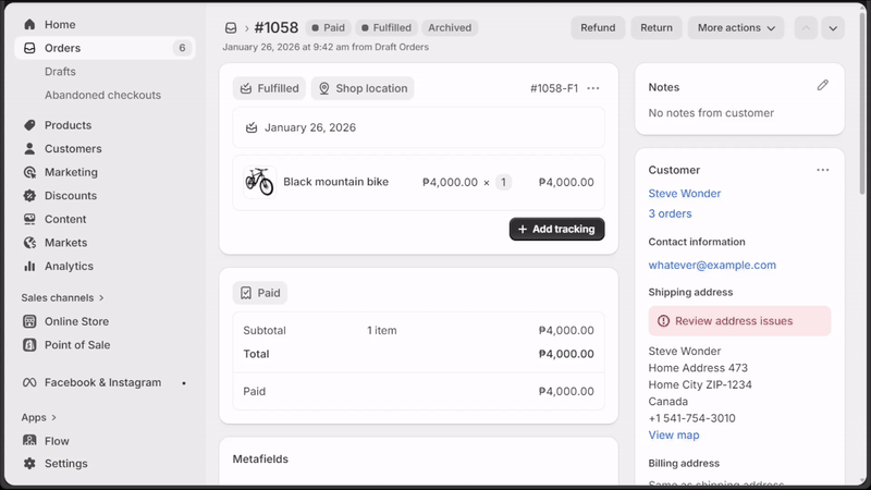 Demo of a Shopify Admin Print Action generating a document preview