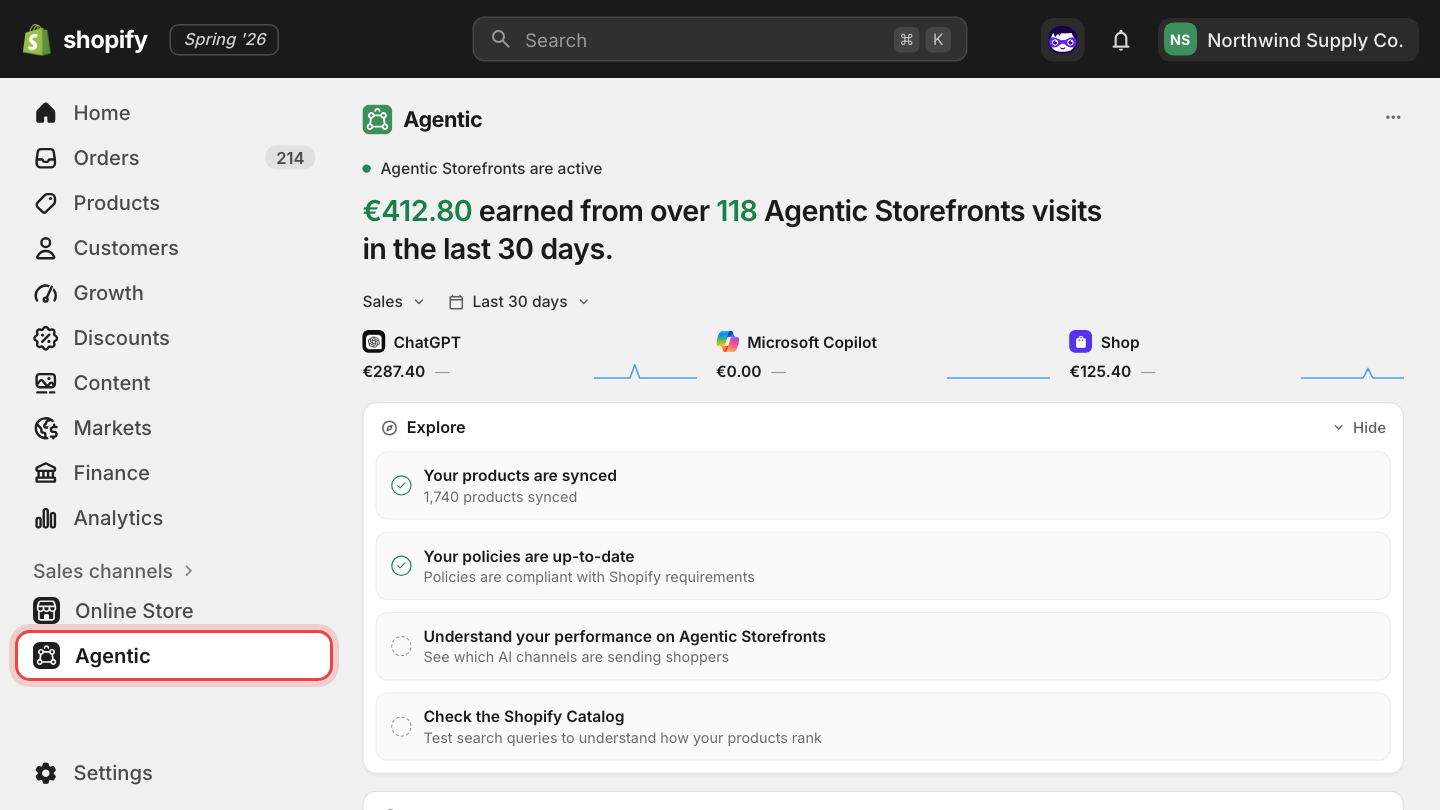 The Shopify admin with the Sales channels group in the left navigation, showing Online Store and an Agentic channel highlighted