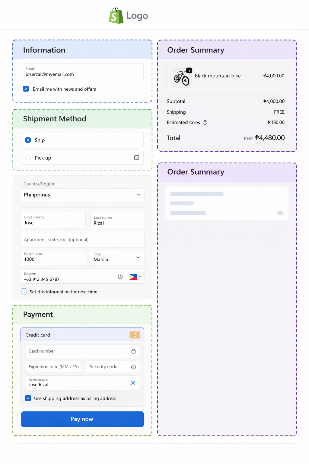 Diagram of Shopify checkout page areas where UI extensions can be placed