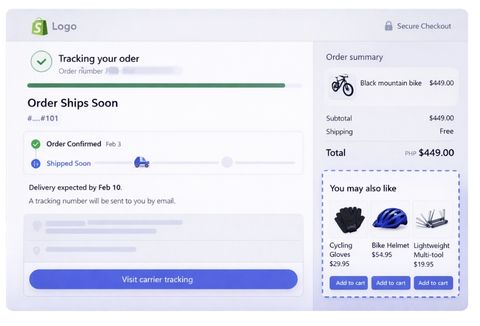 Shopify order status page with a UI extension recommending additional products