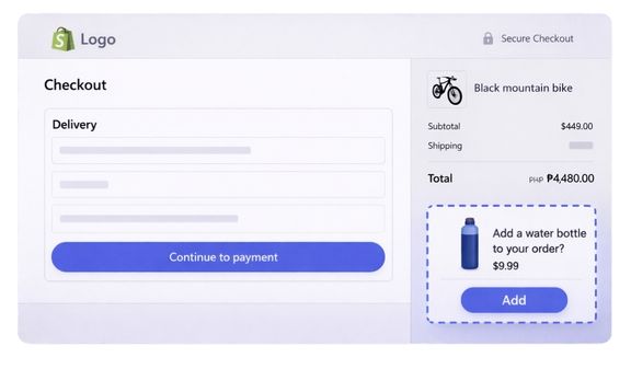 Shopify checkout page with a UI extension showing a product offer before purchase