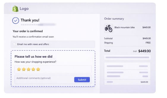 Shopify thank you page with a checkout UI extension displaying a survey request
