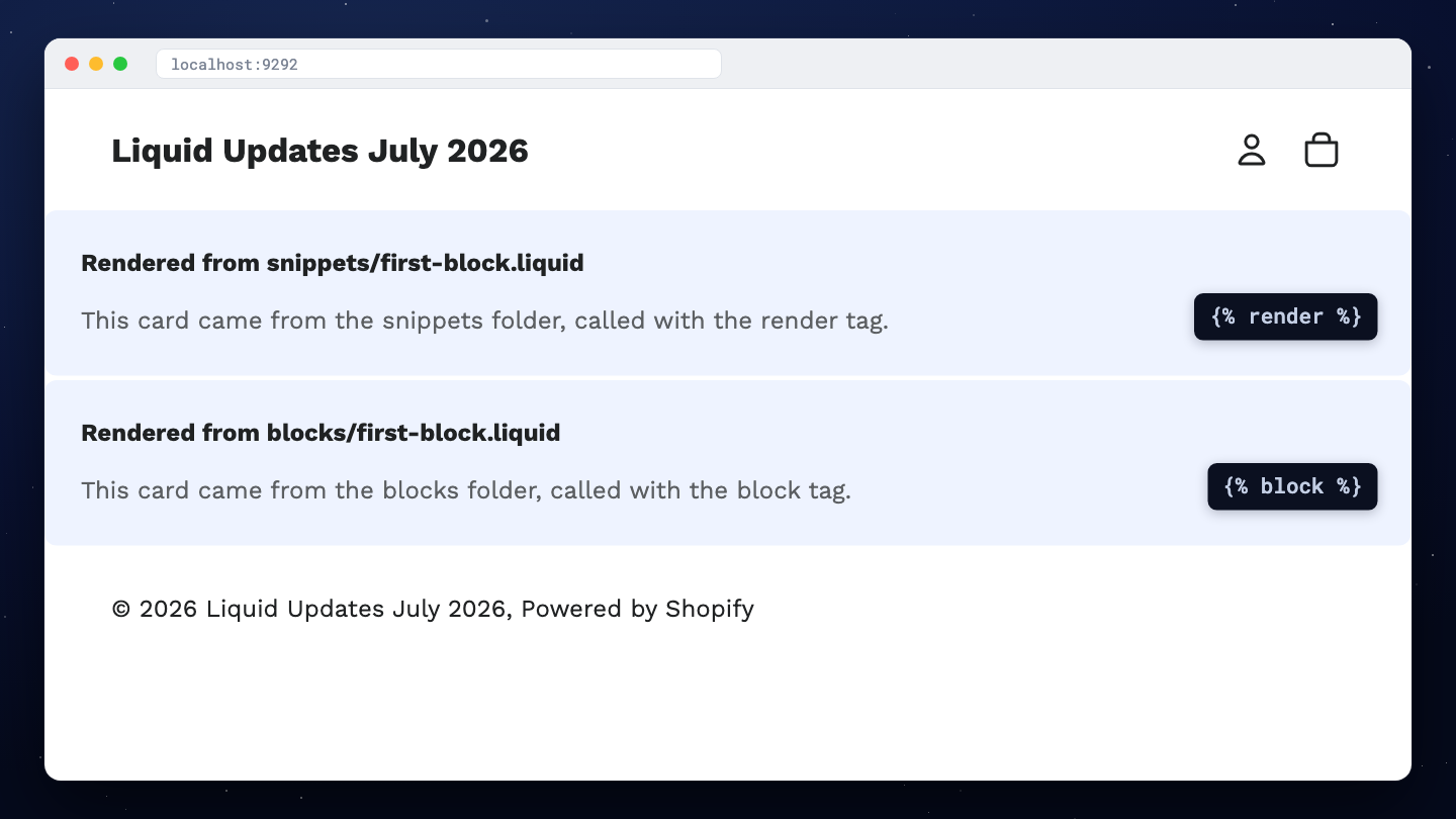 The Skeleton storefront on localhost with two identical cards, one rendered from snippets/first-block.liquid with the render tag and one from blocks/first-block.liquid with the block tag