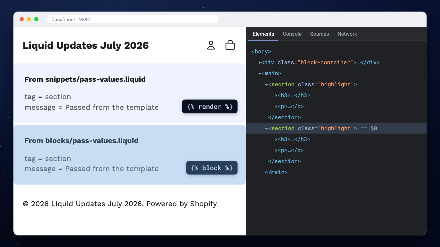 Two cards printing tag = section and the passed message, with Chrome DevTools open beside them showing both cards rendered as section elements