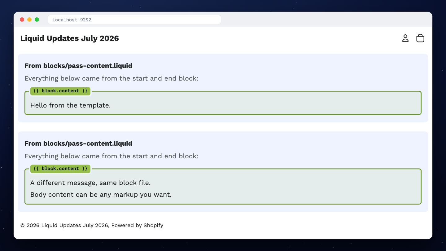 Two cards from the same block file, each with the passed content outlined in green and labelled block.content, the second holding two paragraphs
