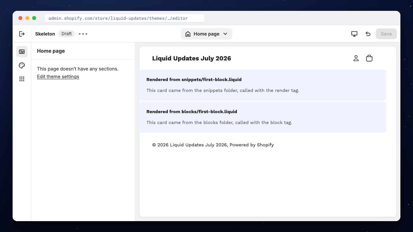The Shopify theme editor showing Home page with the message This page doesn't have any sections, while the preview renders the page normally