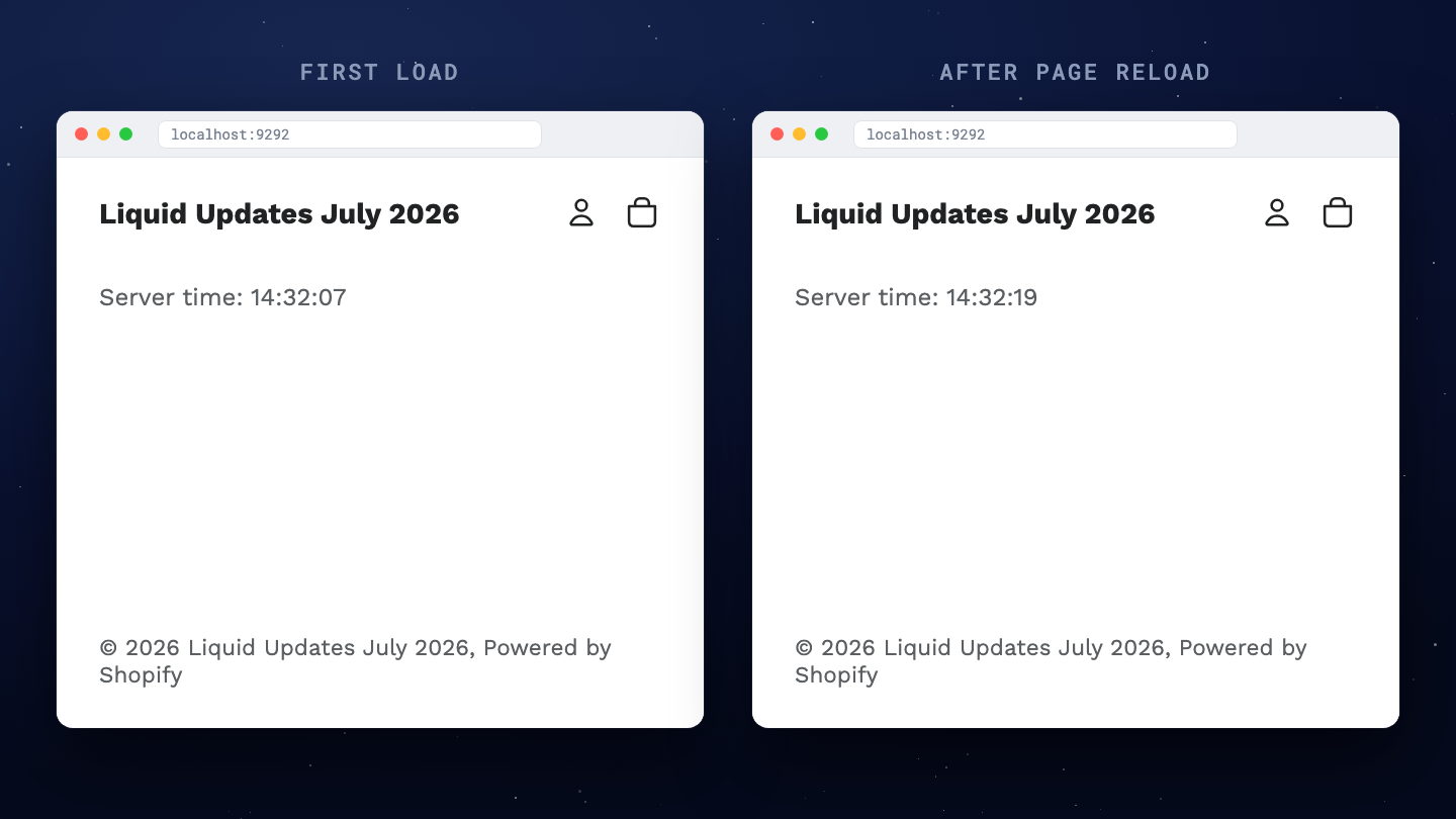 The same page on localhost twice, on first load and after a reload, with the server time changing from 14:32:07 to 14:32:19