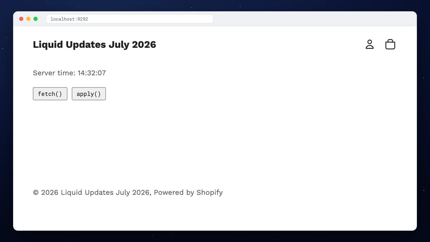 The demo page on localhost showing the server time with a fetch button and an apply button below it, before anything is clicked