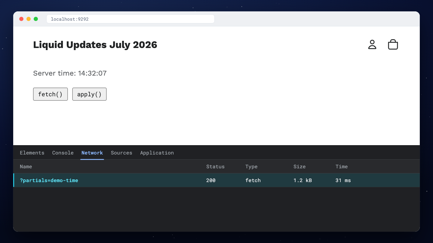 The page with the server time unchanged after clicking fetch, and the Network tab below showing a request to the page URL with the partial name as a URL parameter