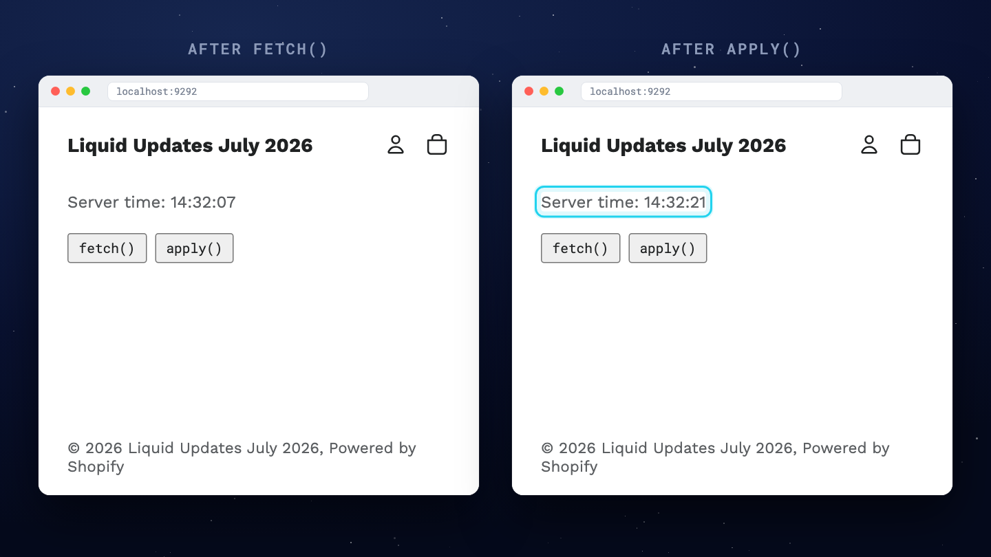 The page before and after clicking apply, with the server time updating to the value fetched a moment earlier