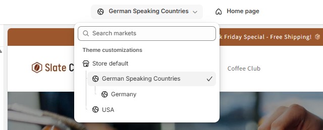 Switching between different markets inside the theme customizer
