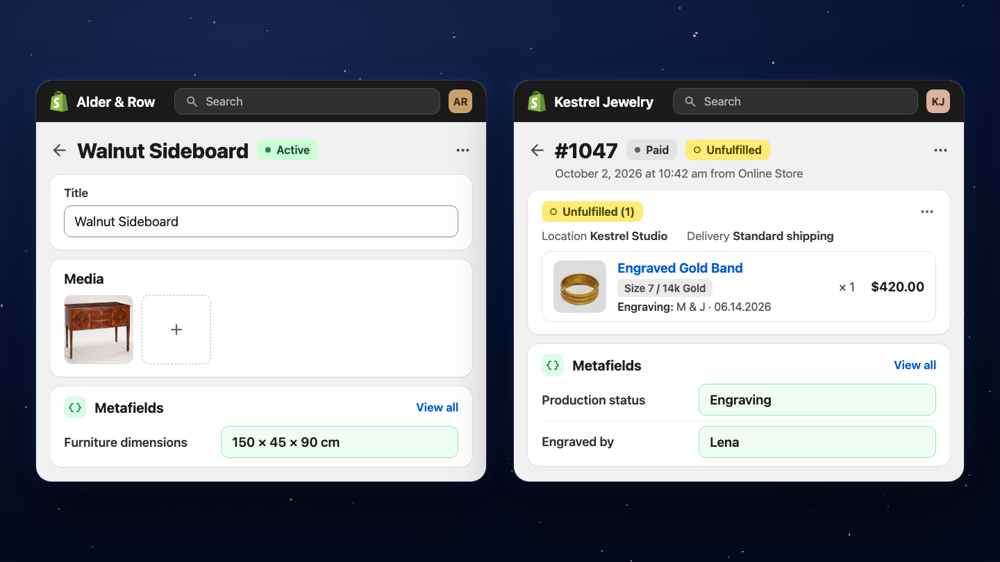 A Shopify product page and order page in the admin, each with a Metafields card holding custom fields: Furniture dimensions on the product, Production status and Engraved by on the order