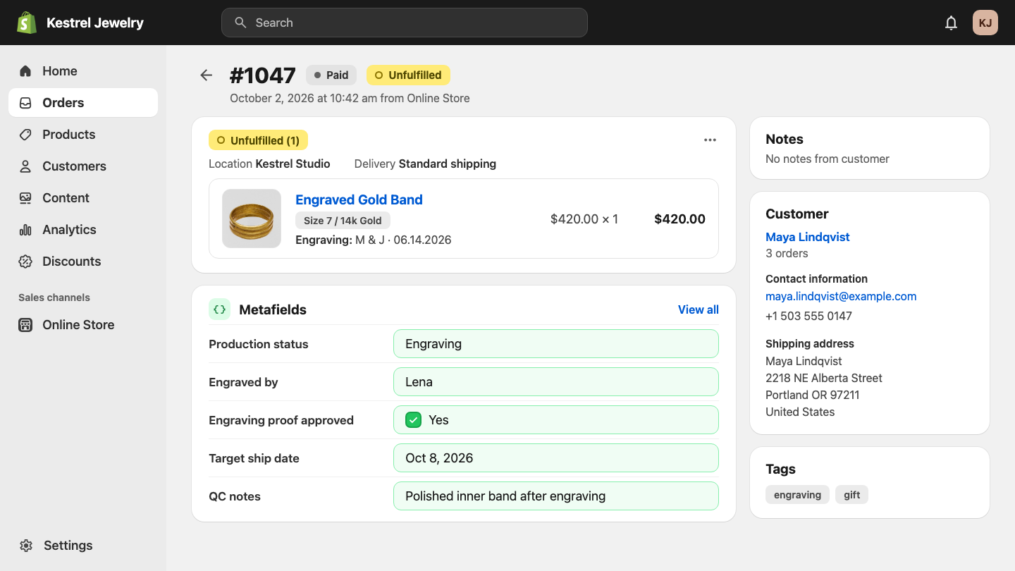 A Shopify admin order page for order #1047 with a Metafields card: Production status Engraving, Engraved by Lena, Engraving proof approved Yes, Target ship date Oct 8, 2026, QC notes