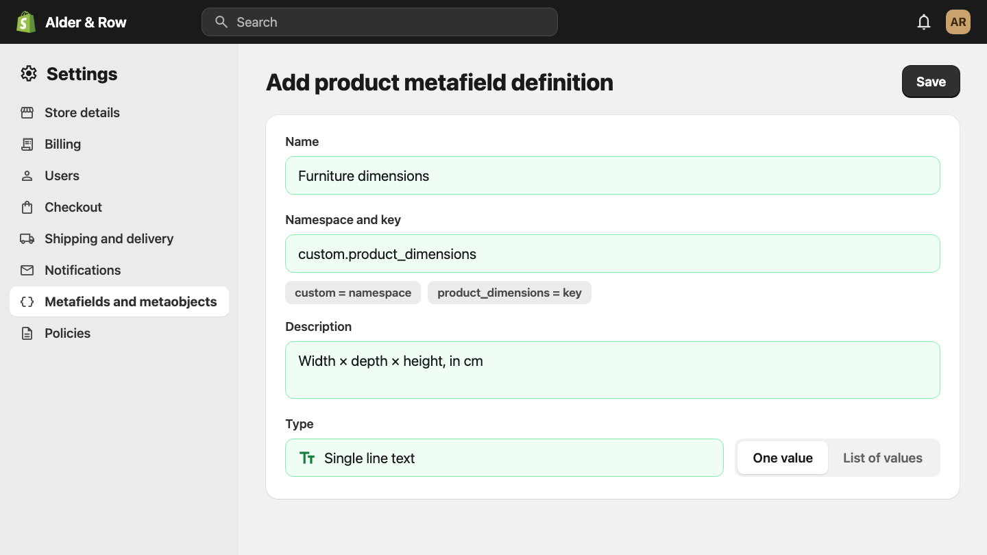 The Add product metafield definition screen in Shopify Settings, filled in with Name Furniture dimensions, Namespace and key custom.product_dimensions, a description and the type Single line text