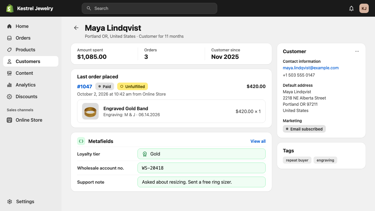 A Shopify admin customer page for Maya Lindqvist with a Metafields card: Loyalty tier Gold, Wholesale account number and a support note