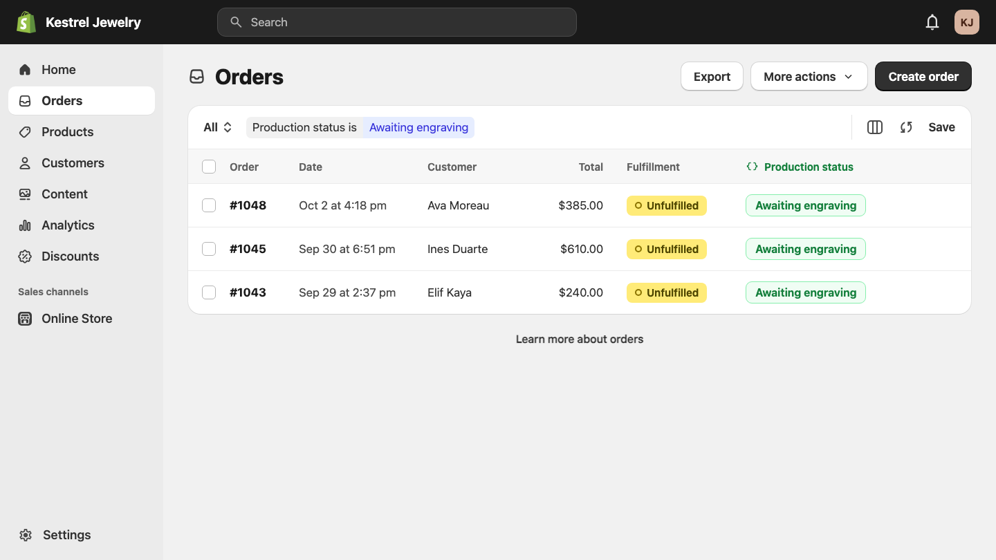 The Shopify admin orders list filtered by Production status is Awaiting engraving, showing three matching orders