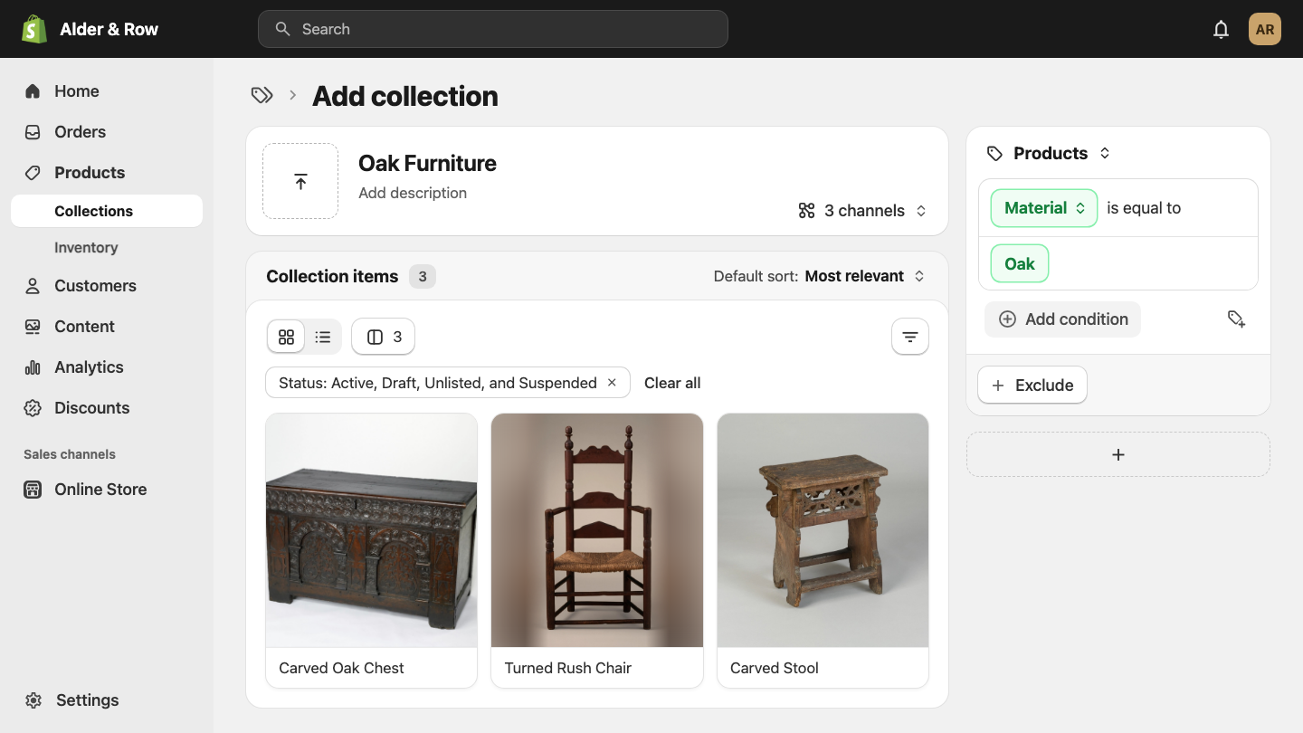 The Add collection page in the Shopify admin for Oak Furniture, with the condition Material is equal to Oak and three oak products listed under Collection items