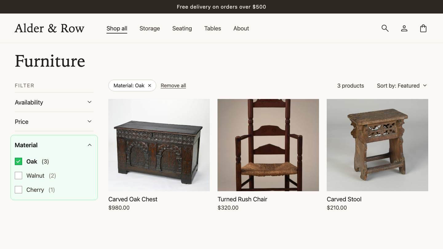 A store collection page filtered by Material with Oak ticked, showing three oak furniture products