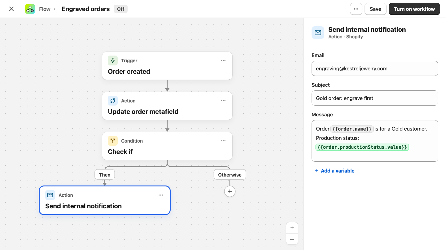 A Shopify Flow workflow that updates an order metafield, checks a condition, and sends an internal notification containing the metafield as a variable