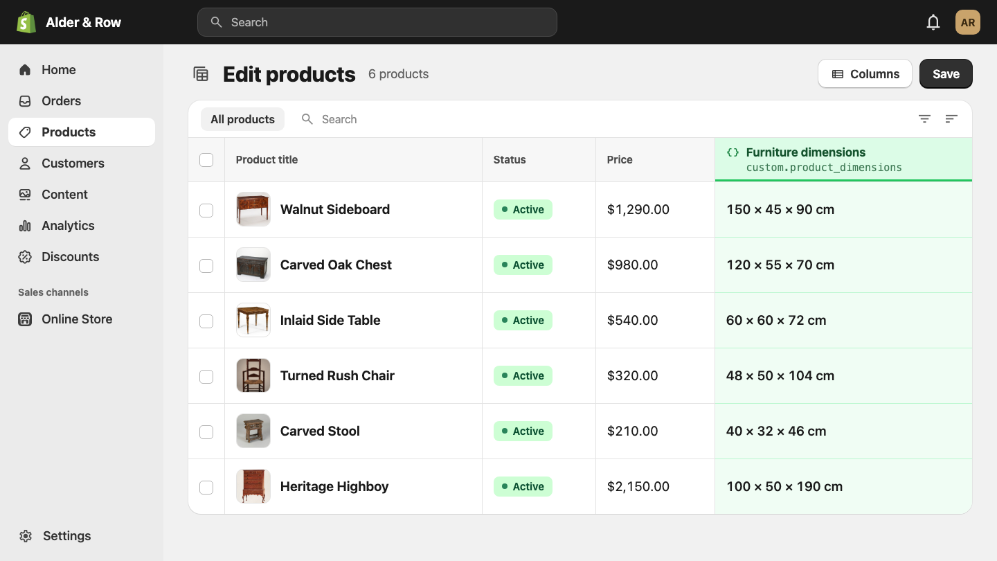 The Shopify product bulk editor with a Furniture dimensions metafield column filled in for six products