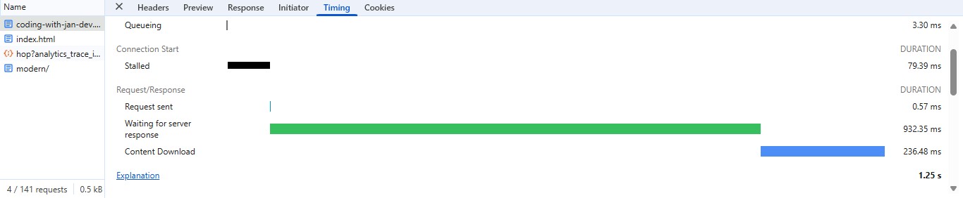 Chrome DevTools Network tab showing slow server response from heavy Liquid code