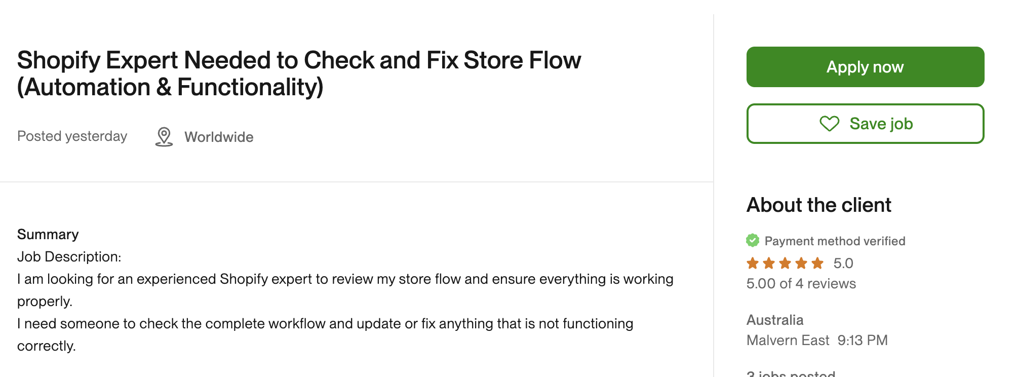 Upwork search results for Shopify Flow projects