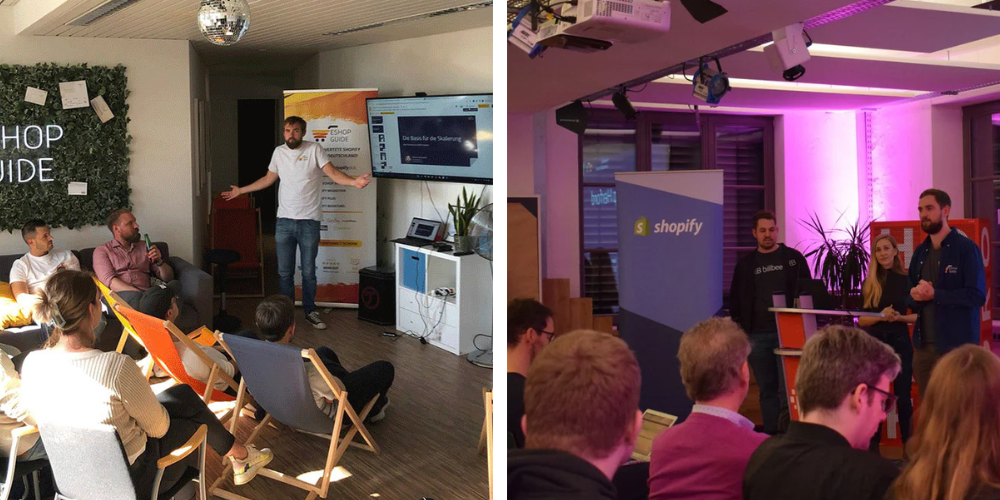 Photo from an Eshop Guide Shopify meetup event showing a room full of attendees